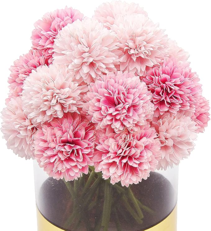 20Pcs Artificial Fake Flower Plants Silk Chrysanthemum Ball Hydrangea Arrangements Wedding Bouquets Decor Home Kitchen Garden Party Table Floral DIY (Light Pink&Dark Pink)