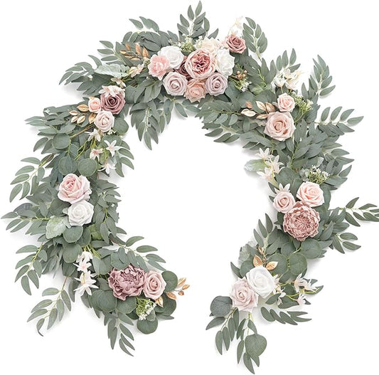 Ling's moment Flower Garland - 6FT Eucalyptus & Rose - Pink Sweetheart Table Decor for Wedding Reception, Artificial Floral Garland for Mantle, Thanksgiving, Christmas Decoration, Dusty Rose
