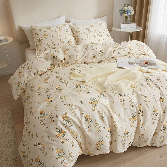 HighBuy French Botanical Comforter Set Full Yellow Floral Printed Bedding Comforter Set with 2 Pillowcases for Full Bed Set 3 Piece Fluffy Comfy Comforter Sets Cute Floral Luxury Soft
