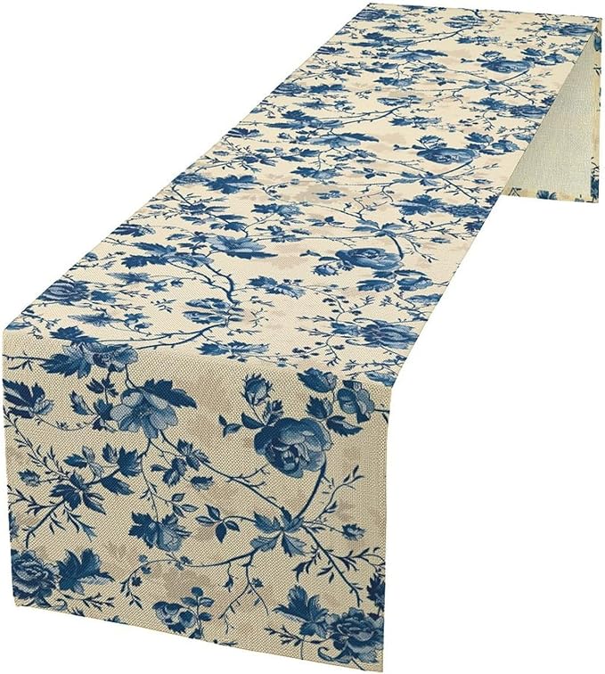 Vintage Floral Table Runner, Retro Blue Flowers Farmhouse Design Table Runner for Kitchen Dining Holiday Party Decor, 13x36 Inch
