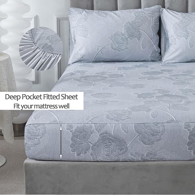 FADFAY Grey Vintage Floral King Size Sheets Set 100% Brushed Cotton Shabby Rose Flower Pattern Bedding Set Deep Pocket Sheets with 2 Pillowcases Luxury Breathable Soft 4pcs, King Size
