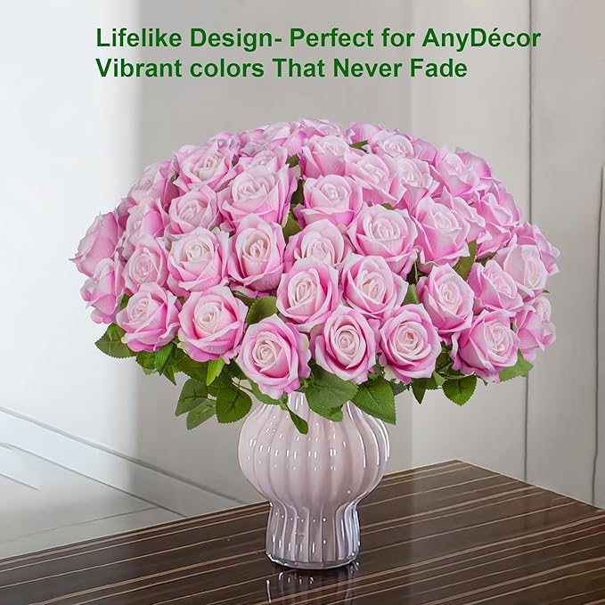 Uqueeten Fake Plants Roses Flowers Plastic Flowers Party Decoration for Home Gifts for Gf Roses Artificial Flowers for Vase Fake Plants Home Decor 19.6"(Deep Pink 50PCS)