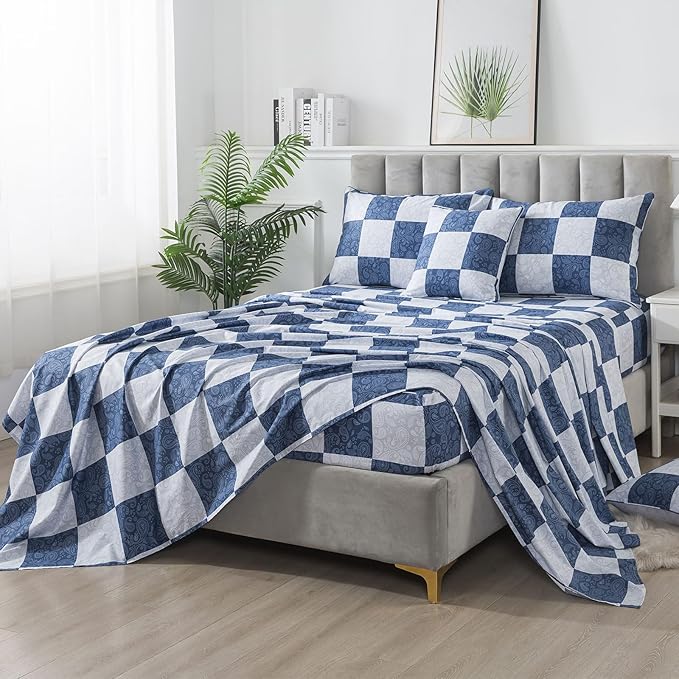 FADFAY Paisley Queen Size Plaid Navy Blue Sheets 100% Cotton Geometric Checker Bedding Teens Grid Grey Gingham Pattern College Bedding Deep Pocket Sheets with 2 Pillowcases Ultra Soft 4pcs, Queen