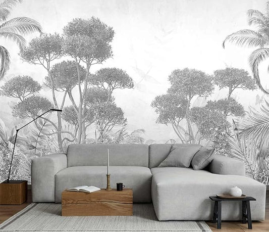 Gray Forest Wallpaper Tropical Trees and Leaves Wall Mural for Bedroom Living Room Sofa Background
