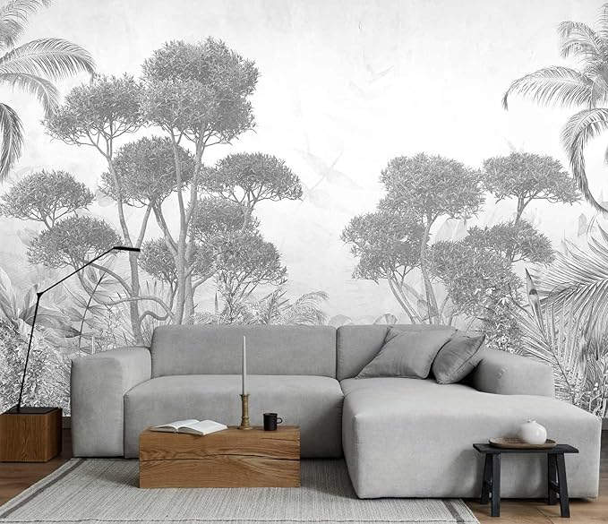Gray Forest Wallpaper Tropical Trees and Leaves Wall Mural for Bedroom Living Room Sofa Background