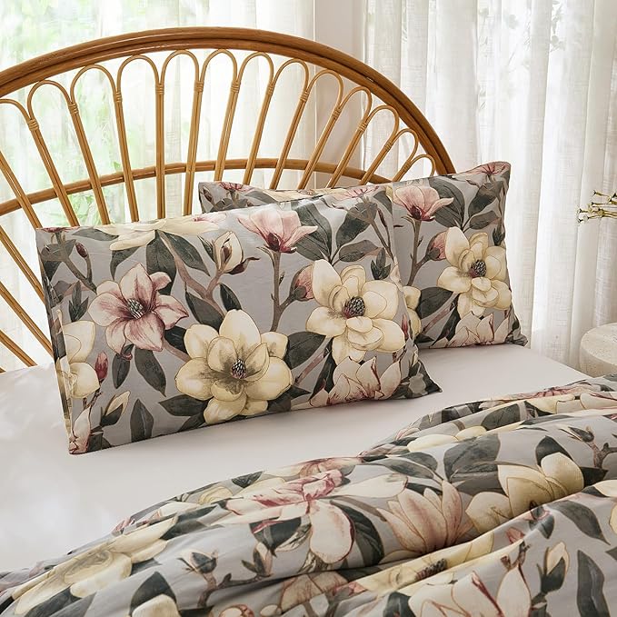 Bedding_Dreamer Floral Comforter Set King, 100% Cotton, Elegant Flowers Botanical Bedding Set Colorful Watercolor Cute Flower and Leaves Shabby Chic Cottage, 3 Pcs