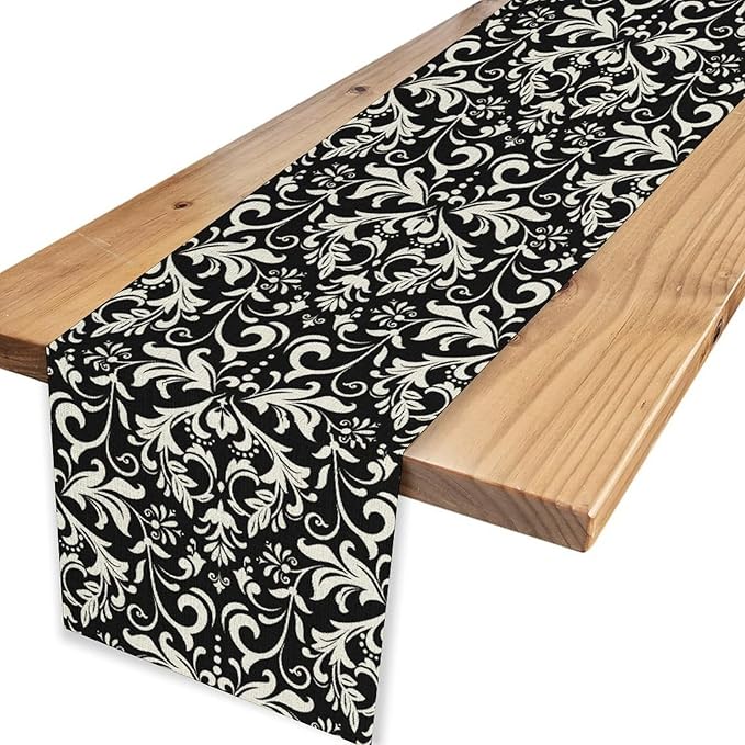 Black Damask Table Runner, Rustic Vintage Floral Antique Victorian Style Print Table Decor for Home Kitchen Dining Patio Holiday Party Indoor Outdoor Table Decorations 13x72 inch