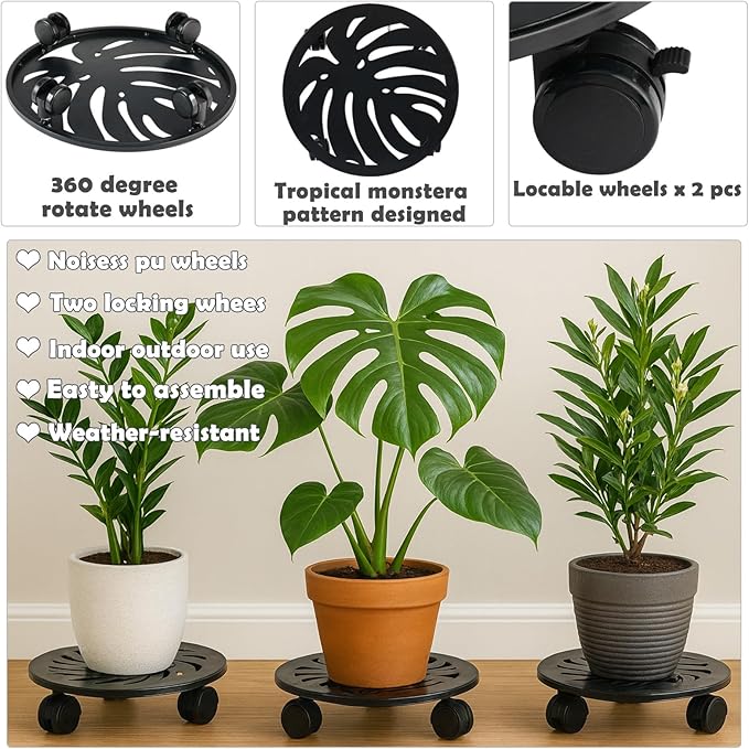 1-Pack 12 Inches Round Metal Plant Caddy with Wheels Heavy Duty Large Rolling Plant Stand Indoor Outdoor Wheeled Planter Dolly Cart with Lockable Casters Flower Pot Mover Roller Trolley, Black