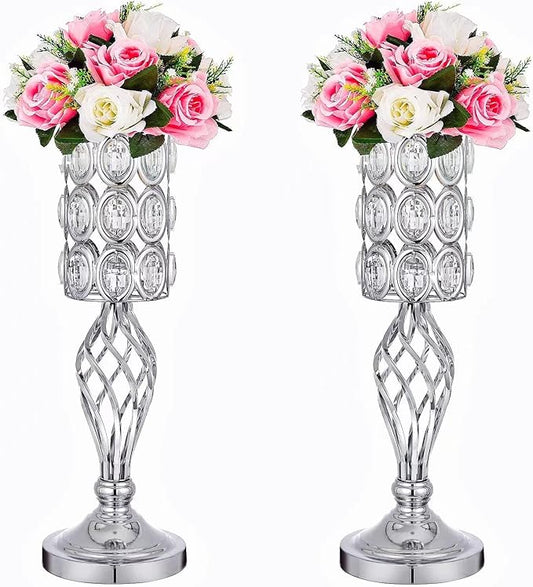 20in Metal Crystal Wedding Centerpiece Vases for Tables Set of 2, Silver Trumpet Flower Vase Stands for Wedding Party Reception Dining Room Living Room Décor