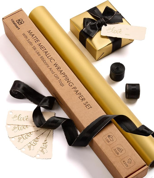 Vitalizart Gold Matte Metallic Wrapping Paper Set 17" With Silk Satin Ribbon & Gift Tags Christmas Gift Wrapping Birthday Baby Shower Wedding Bouquets Handmade Crafts 197"(16.4 Ft) Black Ribbon