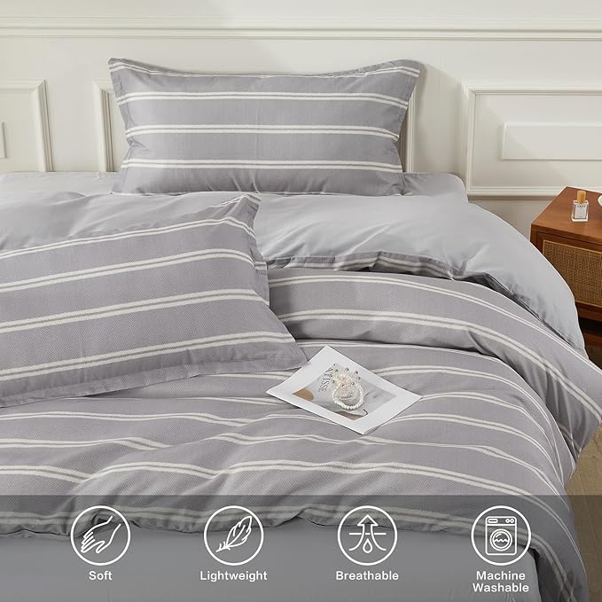 SAPHREAS Boy Gray Stripes Duvet Cover Set Queen Size 3pcs Dark Grey Streak Bedding Comforter Cover Set 1 Duvet Cover 2 Pillow Sham