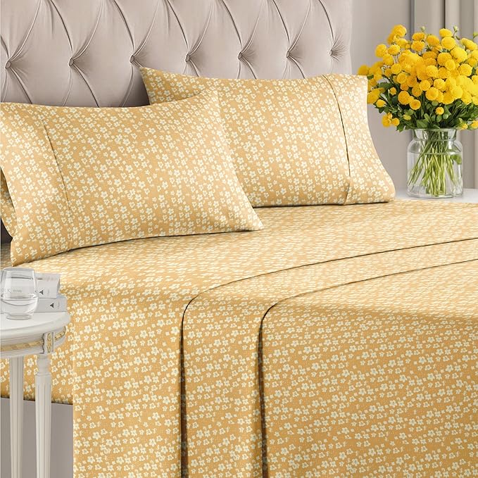 Floral Sheets - Yellow Floral Bed Sheet Set - 1 Flat, 1 Fitted & 2 Pillowcases w/ Deep Pockets - Comfy, Wrinkle & Fade Free - Boho Botanical Bedding - Ultra-Soft, Breathable & Cooling - Full Size Set
