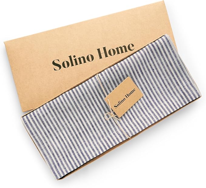 Solino Home Linen Table Runner 72 Inches Long - Narrow Stripe, 100% Pure Linen Navy and White Table Runner 14 x 72 Inch for Dining, Dresser, Spring, Easter