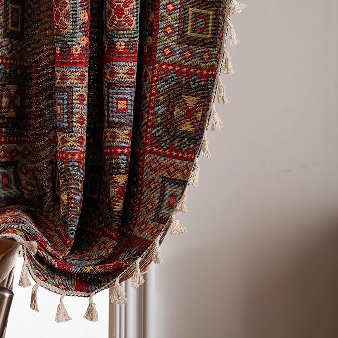 ENJOYBRIDAL Patchwork 84 Inch Curtains for Living Room Boho Drapes Bedroom Jacquard Bohemian Floor Length Window Curtains 2 Panels Semi Sheer Rod Pocket Red Cute Geometric Patterned Window Treatments