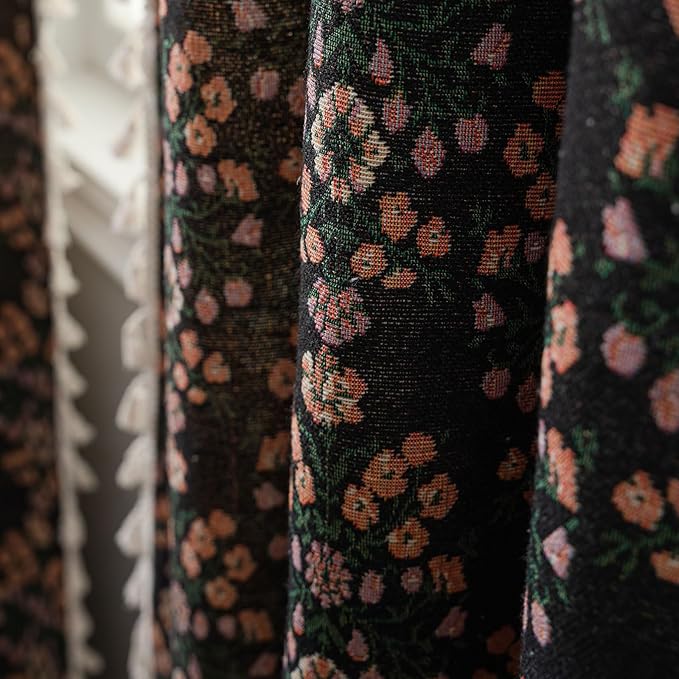 ENJOYBRIDAL Floral 96 Inch Curtains 2 Panel Set Boho Jacquard Drapes Black Living Room Semi Sheer Long Window Curtains Cottagecore Farmhouse Bedroom Chic Decor Rod Pocket Tassel Window Treatments