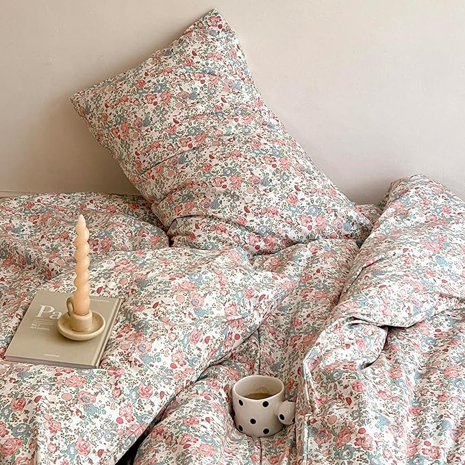 Boho Floral Duvet Cover Twin Soft Cotton Aesthetic Floral Bedding Sets French Style Pink Blue Flower Branches Duvet Cover Chic Shabby Garden Floral Comforter Cover Botanical Twin Size Bedding Sets