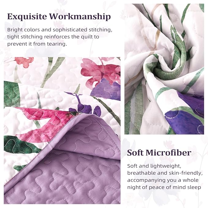 Anibedding Purple Quilt Set Queen, Floral Pattern Microfiber Bedspreads Queen Size 3 Pieces Lightweight Reversible Bedding Set with 2 Pillowcases(96"x90")