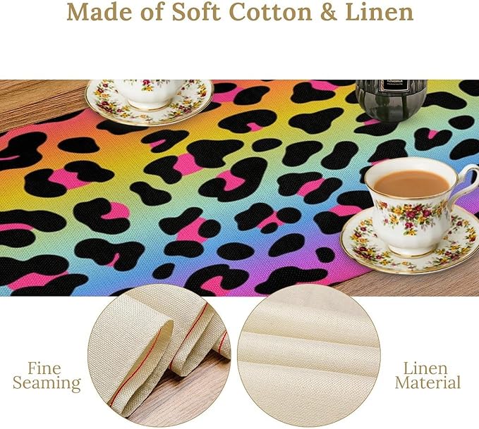 Rainbow Leopard Skin Print Table Runner, Wildlife Colorful Neon Cheetah Dots Dinner Runner Table Decoration for Farmhouse Home Kitchen Dining Table Party Holiday Decor 13x120in