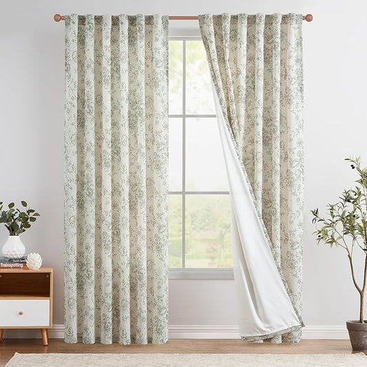 jinchan Lined Linen Blend Curtain Floral Curtains for Living Room 90 Inches Long Christmas Green Peony Flower Printed Curtain Back Tab Farmhouse Patterned Drapes Bedroom Curtains Set 2 Panels