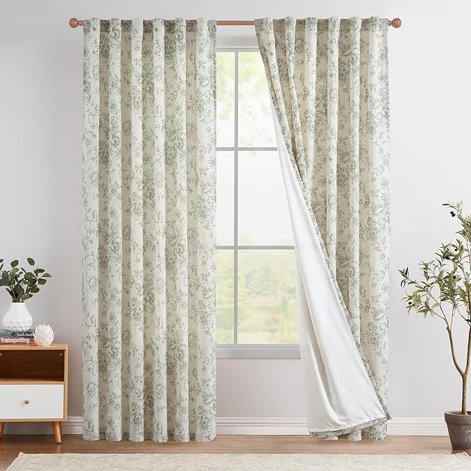 jinchan Lined Linen Blend Curtain Floral Curtains for Living Room 84 Inches Long Christmas Green Peony Flower Printed Curtain Back Tab Farmhouse Patterned Drapes Bedroom Curtains Set 2 Panels