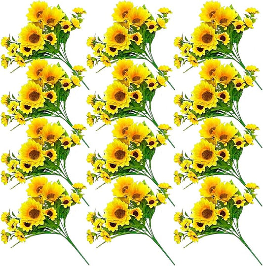 ZEYGLXC 12 Pack Artificial Sunflowers Bouquets with Stems for Wedding Home Kitchen Table Birthday Decor Indoor Outdoor, Faux Sunflowers with 4 Big Sunflowers Heads 9 Small Sunflowers Heads
