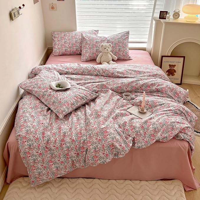 HighBuy Boho Comforter Twin XL Size Pink Floral Rabbit Bedding Comforter Sets 3 Piece French Country Style Cozy Fluffy Comforters for Teen Girls Kids,Cute Flower Bedding Collection for All Season