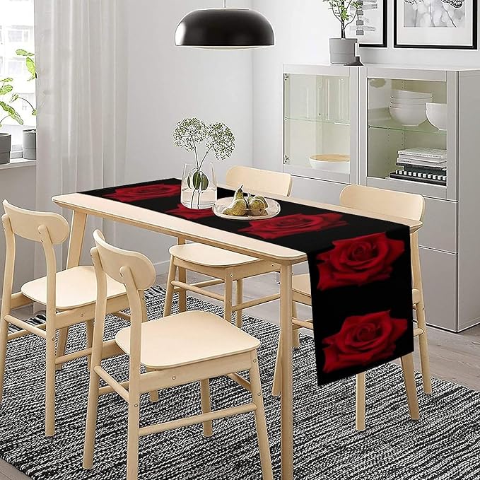 Red Rose Table Runner,Romantic Flower Black Table Runner for Indoor Outdoor Holiday Home Wedding Party 13x120 Inch