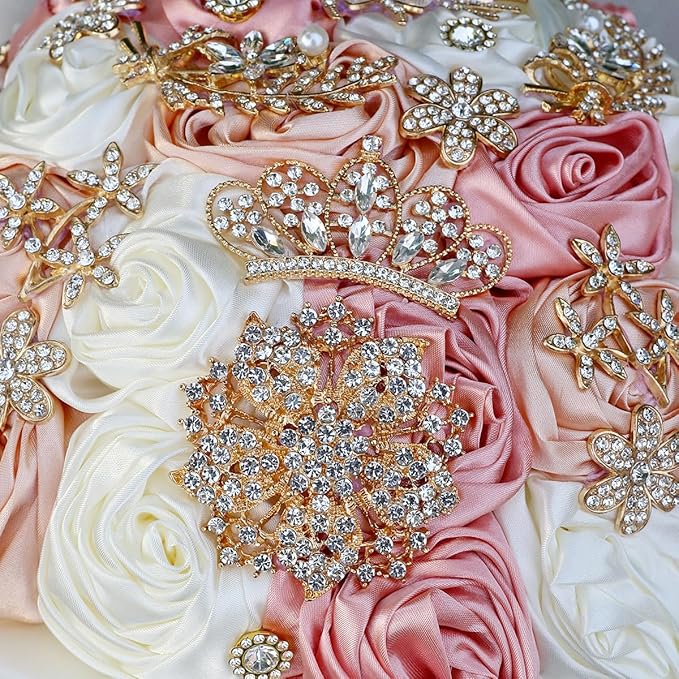 Handmade Satin Rose Floral Bling Pearl Decor Bridal Wedding Bouquet Rhinestone Pendant Artificial Brooch Flowers for Bride Bridesmaid Quinceanera