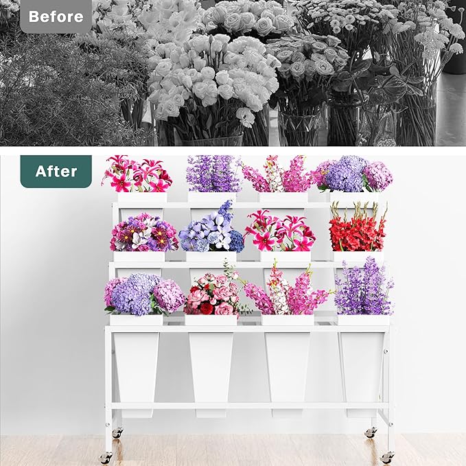 Asee'm Flower Display Stand With 12PCS Buckets 3 Tier Flower Cart Display Stand with Wheels Heavy Duty Moving Metal Plant Stand Flower Bar Flower Rack for Florist Indoor Outdoor Patio Garden White