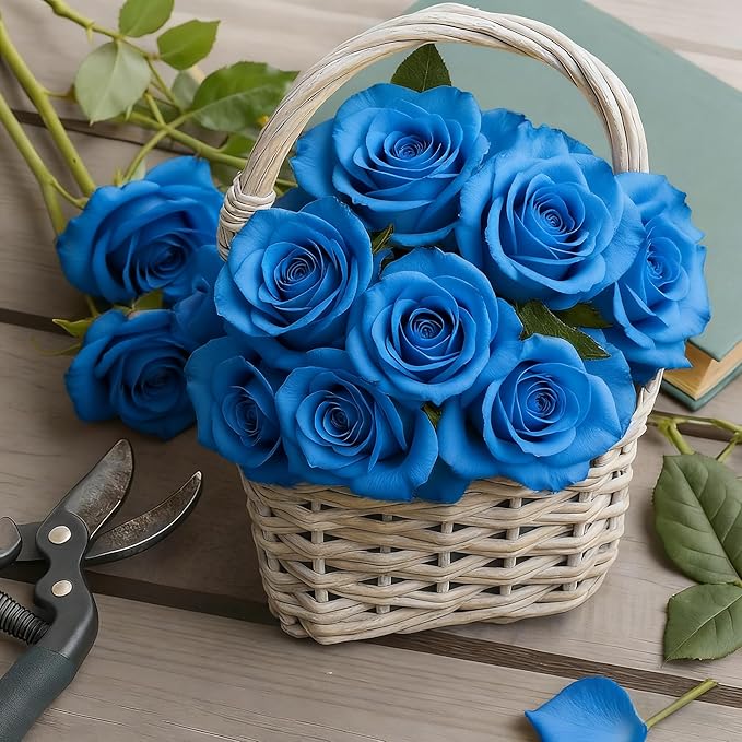 Blue Roses Artificial Flowers 15 PCS, Fake Roses Silk Flowers with Long Stems, Faux Rose for Wedding Centerpieces, Home Decor, Indoor Floral Arrangements, Party Decor, DIY Bouquet (Blue)