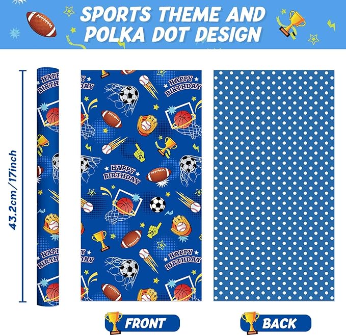 WERNNSAI Sport Ball Wrapping Paper Roll - 1 Roll 17” x 16.4 ft Happy Birthday Wrapping Paper for Kids Boys Blue Sports Gift Wrap with Football Basketball Design for Birthday Baby Shower Party Favor