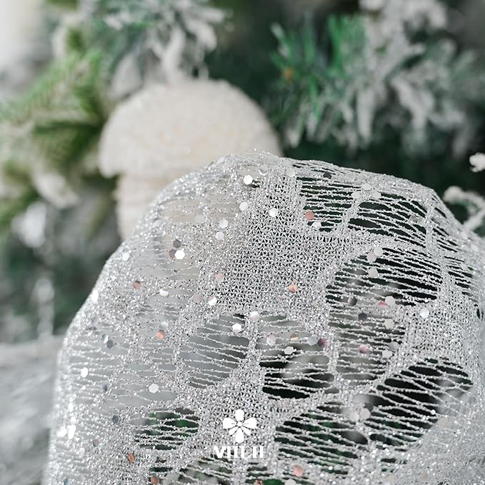 MEEDEE 6 Inch Wide Wired Ribbon Silver Glitter Mesh Web Wired Edge Ribbon by 10 Yards Roll Silver Wired Mesh Ribbons for Christmas Tree, Garland, Holiday Wreaths, Bows, Centerpiece, Gift Wrapping
