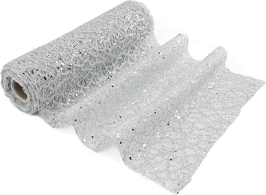MEEDEE Silver Glitter Mesh Web Ribbon 10 Inch Wide by 10 Yards Roll Fabric Ribbon Silver Decorative Mesh Ribbon for Christmas Tree, Garland, Holiday Wreaths, Bows, Home Decor