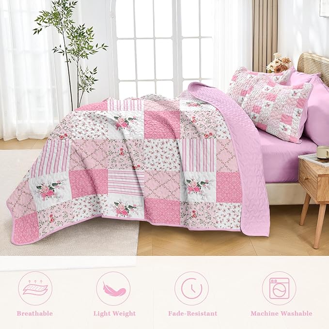 Quilt Set King Size, Pink Patchwork Flowers 3 Pcs Soft Bed Cover Bedding Set, Garden Floral Lightweight Bedspread Coverlet with 2 Pillow Sham for All Season
