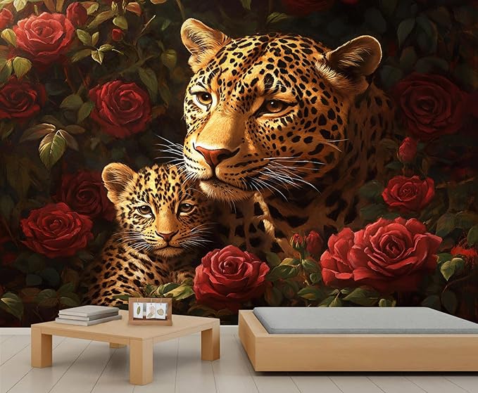 Jungle Rose Leopard Wall Mural, Big Cat Floral 3D Wall Murals, Wild Animal Leopard Wallpaper Mural, for Living Room Bedroom Large Wallpaper Indoor Decor 118" W x 82.6 "H