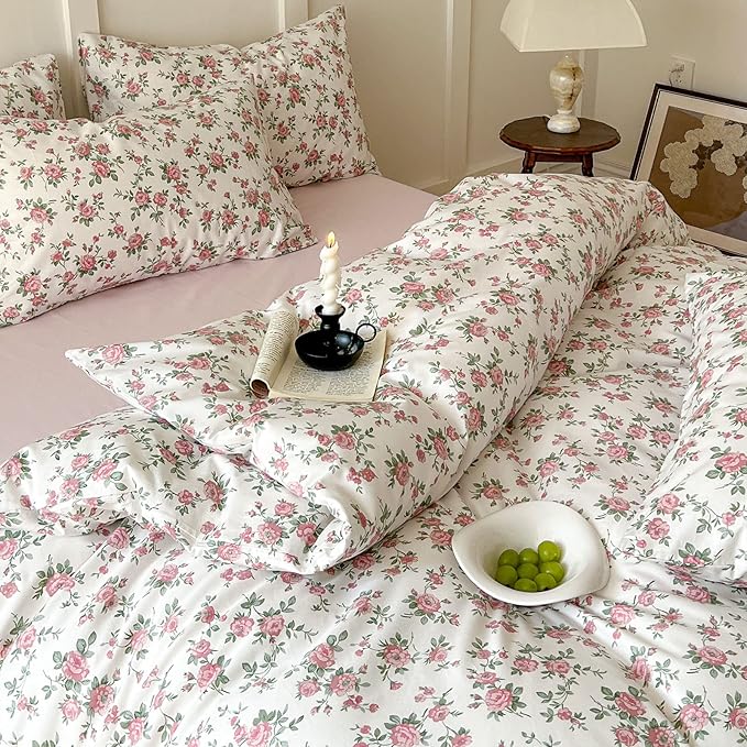 Girls Floral Duvet Cover Twin Pink White Floral Bedding Set Vintage Rose Flower Printed Duvet Cover Cotton Floral Comforter Cover Botanical Aesthetic Bedding Set 1 Twin Duvet Cover with 2 Pillowcases