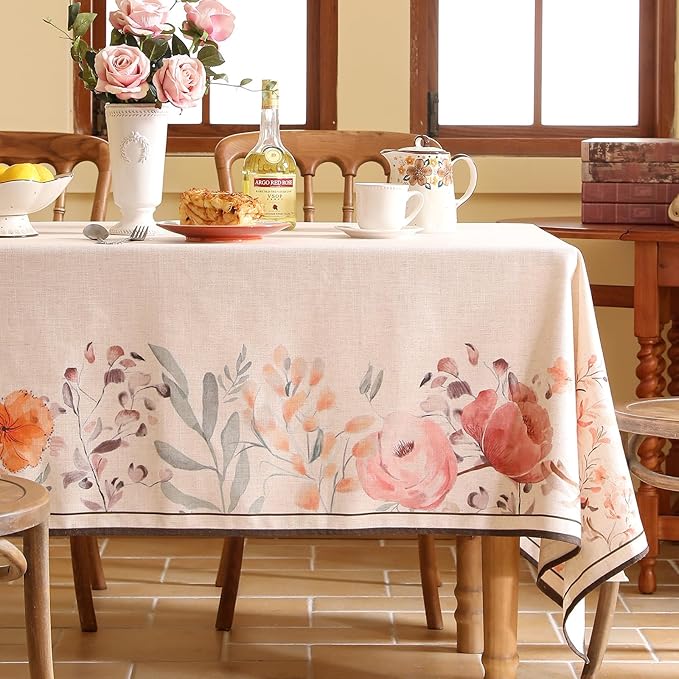 Linen Small Rectangle Tablecloth,French Pink Floral Pattern Wrinkle Free Table Cloth,Decorative Table Cover for Kitchen,Dining,Tea Party,Thanksgiving,Christmas,55"*71"-Sloosa