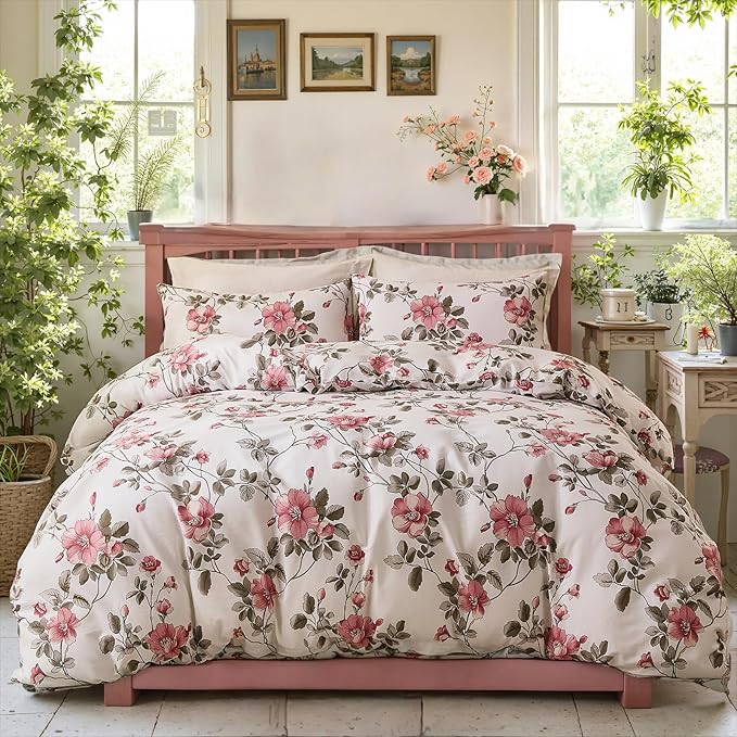 Bedding_Dreamer Floral Comforter Set 100% Cotton Comforter Sets King 3pcs Vintage Boho Cottagecore Floral Bedding Ultra Fluffy Soft Reversible Lightweight All Seasons