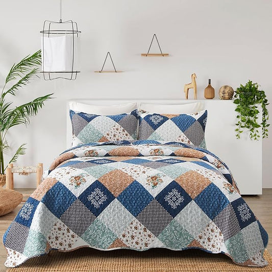 Dinjoy Reversible Patchwork Quilt Bedding Set Queen Size Blue Green Grey Plaid Floral Pattern Bedspread Set Soft Microfiber Coverlets Bed Set 3 Pieces Fall Autumn All Season Use
