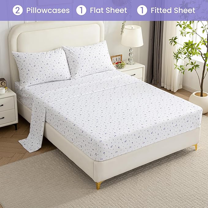 Softan Floral Queen Sheet Set Purple Flower Bed Sheets Printed Queen Size - 4 Piece Microfiber Patterned Fitted Sheets with 15" Deep Pocket, Spring Flower Sheets and Pillowcase Set