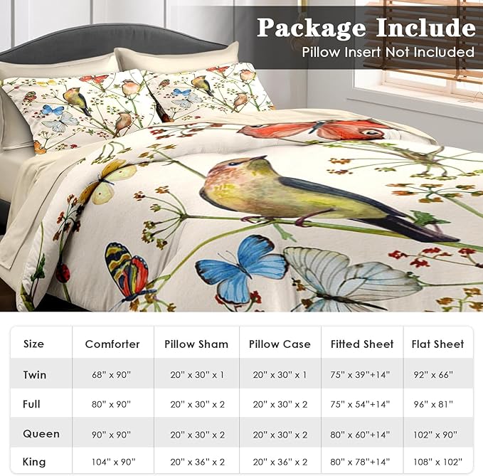 Comforter Set Twin Size, Vintage Birds Butterfly Colorful 5 Pcs Bedding for Kids and Adults, Floral Beige Spring Bed Sheet Sets with Fitted Sheet Pillowcase & Sham for Bedroom Bed Decor