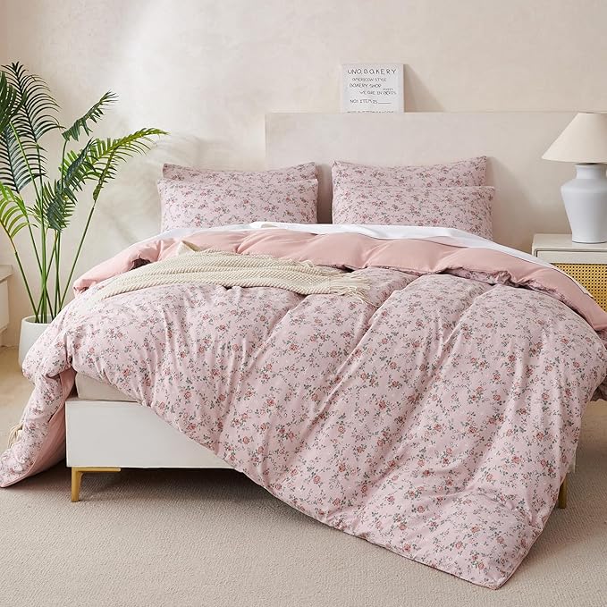 Floral Comforter Set King 3 Pieces Soft Chic Crinkle Gauze Fabric Garden Style Pink Flower Print Botanical Comforter for All Seasons Luxury Warmth Comfy Breathable with 2 Pillowcases