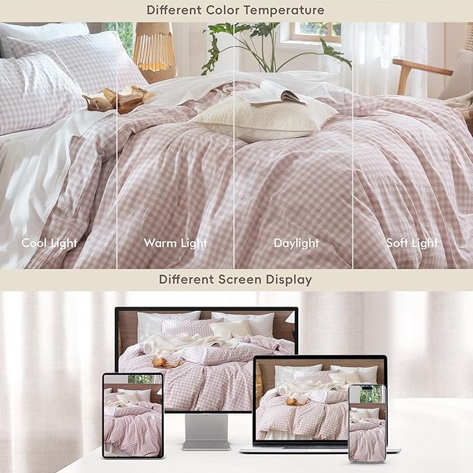 MooMee Gingham Duvet Cover Set 100% Washed Cotton Linen Like Textured Breathable Durable Soft Comfy Modern Checkered Design (Classic Gingham Greyish Pink, Cal King 104"x98")