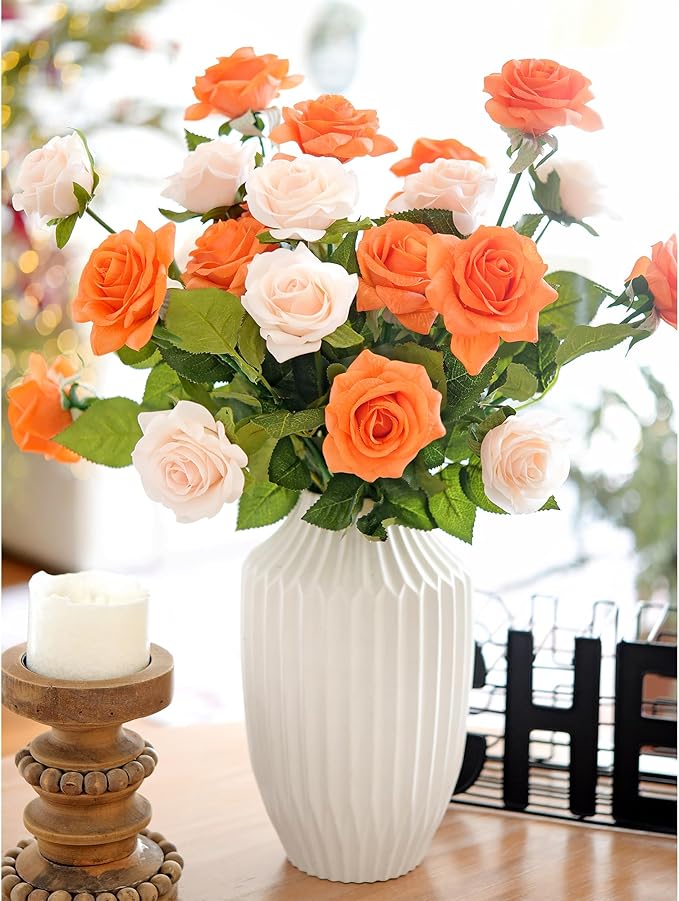 FiveSeasonStuff Silk Roses Artificial Flowers for Decoration, Home Decor Centerpiece for Tables, Wedding Bridal Bouquet of Flowers Real Touch Roses 12 Stems (Burnt Orange)