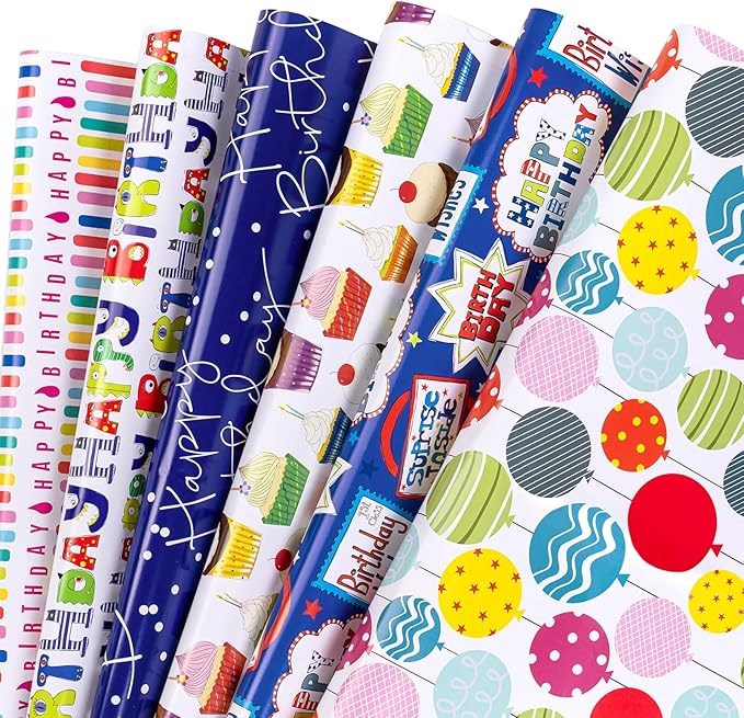 WRAPAHOLIC Birthday Wrapping Paper Sheet - 6 Sheets Balloon and Happy Bday Lettering Design Folded Flat for Birthday, Party, Baby Showers - 19.7 Inch X 27.5 Inch Per Sheet