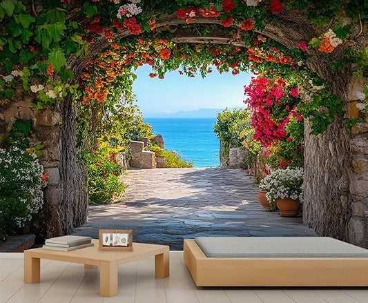 Mediterranean Arch Seaside Wall Mural, Flower Tunnel Ocean View 3D Wall Murals, Greek Island Style Wallpaper Mural, for Living Room Bedroom Large Wallpaper Indoor Decor 78.7" W x55.1 H