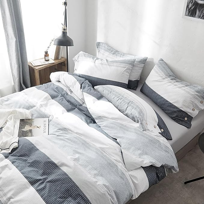 LifeTB Full Comforter Set Blue Grey Striped Bedding Comforter Set Lightweight Soft All Seasons Bedding Sets Fluffy Down Alternative Comforter 3 Pieces Bed Set 1 Striped Comforter with 2 Pillow Shams