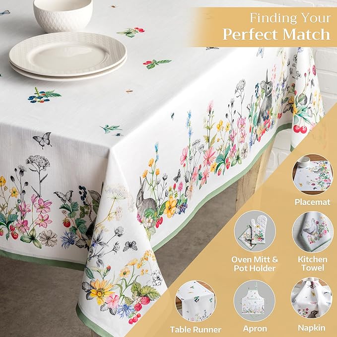 Maison d' Hermine Table Cloth Rectangle Table 100% Cotton 70 x 108 Inches Tablecloth Reusable Decorative for Dining Room, Farmhouse, Home, Party, Festive & Wedding Spring Summer - Printemps
