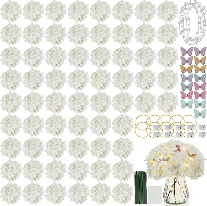 64PCS Artificial Hydrangea Flowers with Stems, Silk Hydrangea Heads with LED Decorative Lights, Crystal Strings & Butterfly Accents for Wedding Centerpieces and Home Decor(64, Ivory)