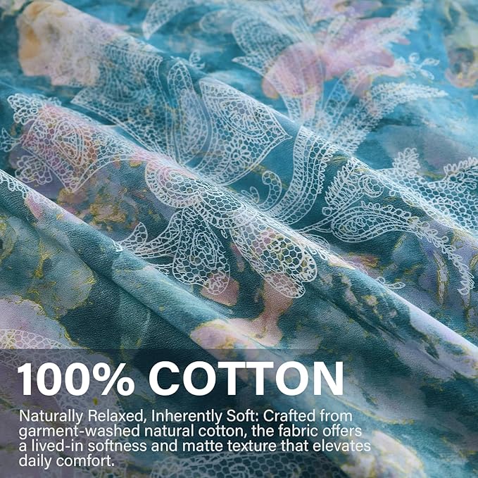 100% Cotton Duvet Cover Queen Size – Navy Blue Watercolor Floral Duvet Cover Set with Zipper Closure & Corner Ties, 3-Piece Silky Soft & Breathable Bedding Set for All Seasons